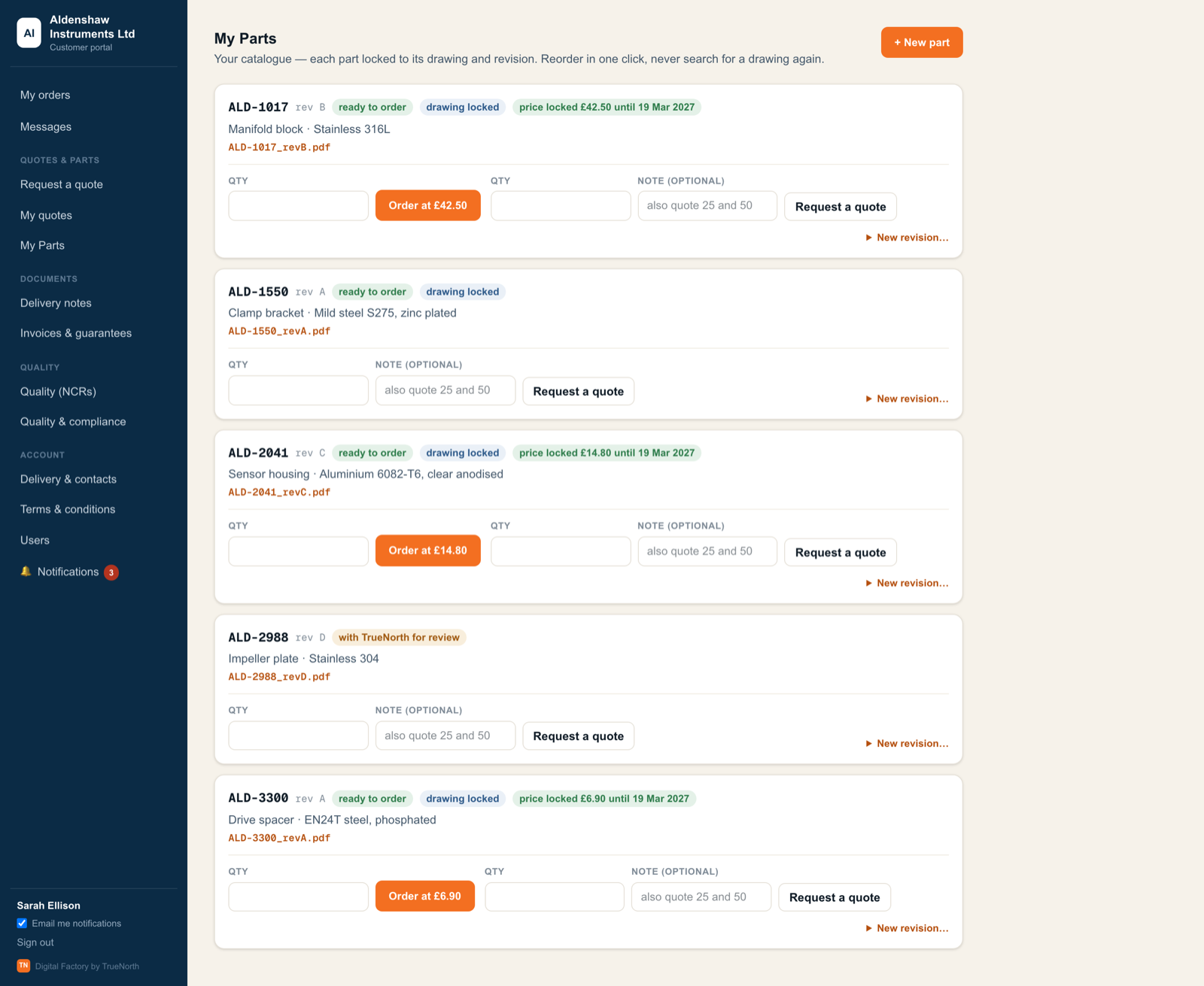 My Parts catalogue: parts locked to drawing revisions with 12-month price locks and one-click reorder