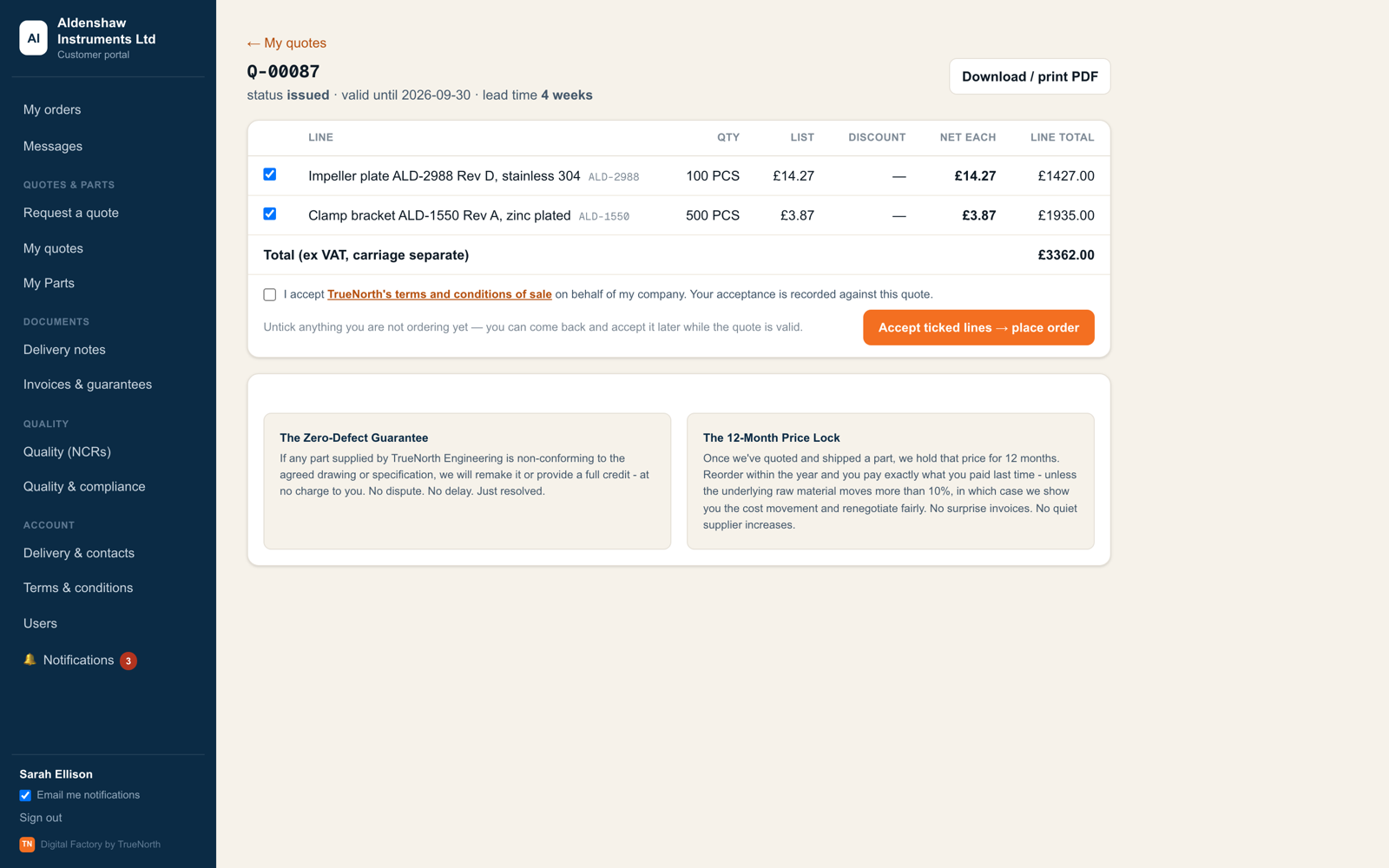 Online quote acceptance with the Zero-Defect Guarantee and 12-Month Price Lock shown on the quote