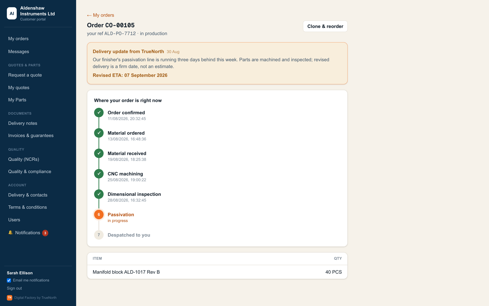 Digital Factory order tracking: milestone timeline with a delivery update giving the reason for a delay and a firm revised date